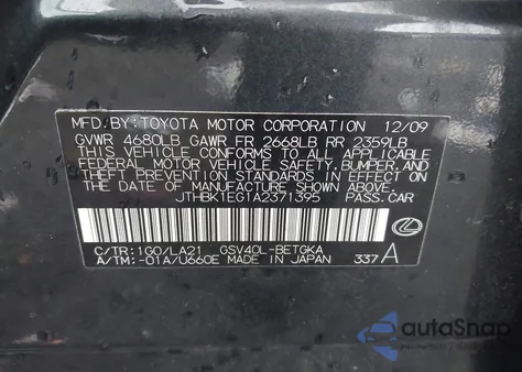 2010 Lexus Es 350 from USA, damaged, VIN JTHBK1EG1A2371395